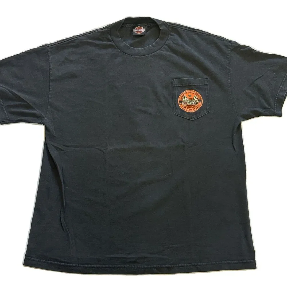 Harley-Davidson Black T-Shirt with Pocket Patch - Y2K Era